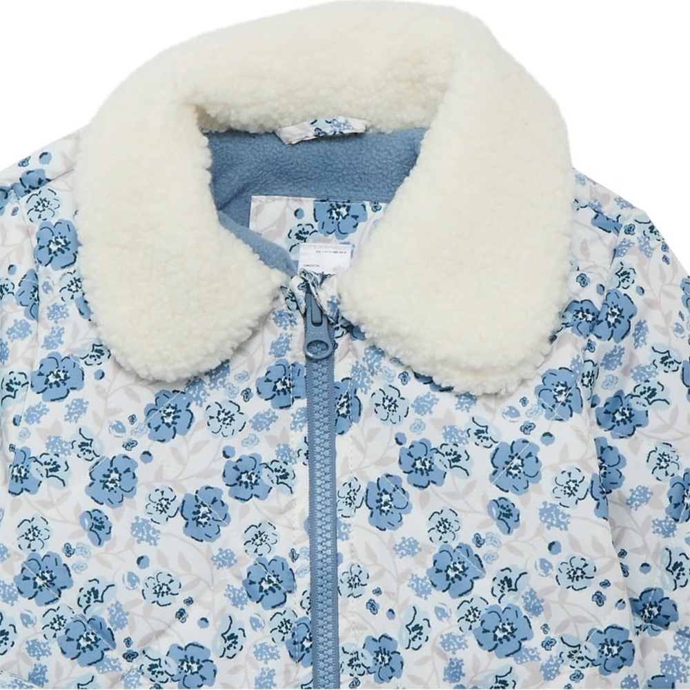 New girls blue floral winter puffer jacket with pockets - Picture 2 of 4